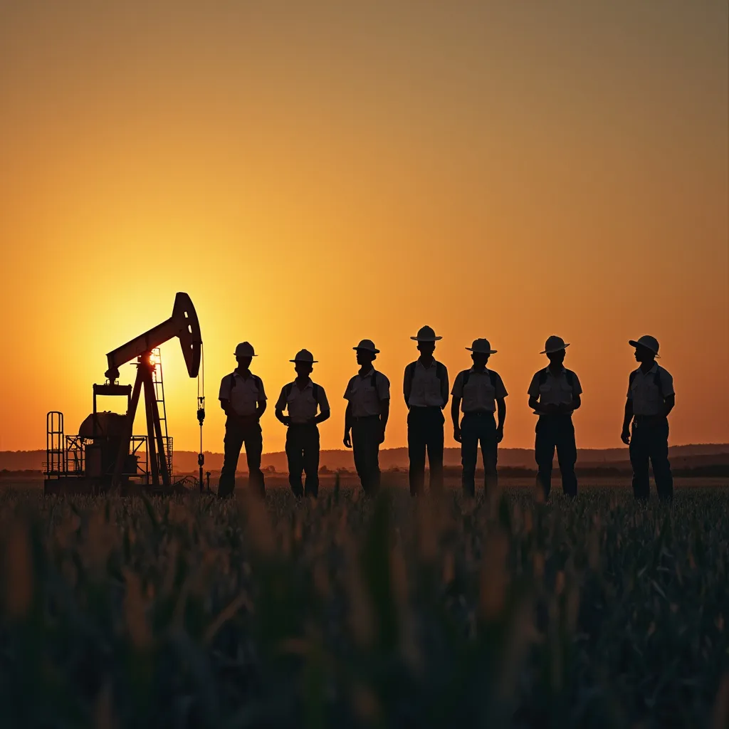 Trabajadores petroleros al atardecer